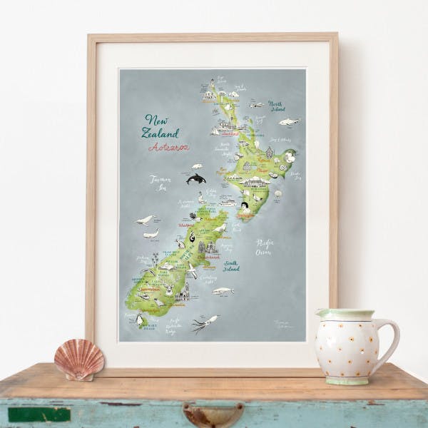international student's design work showing an illustration of the map of New Zealand