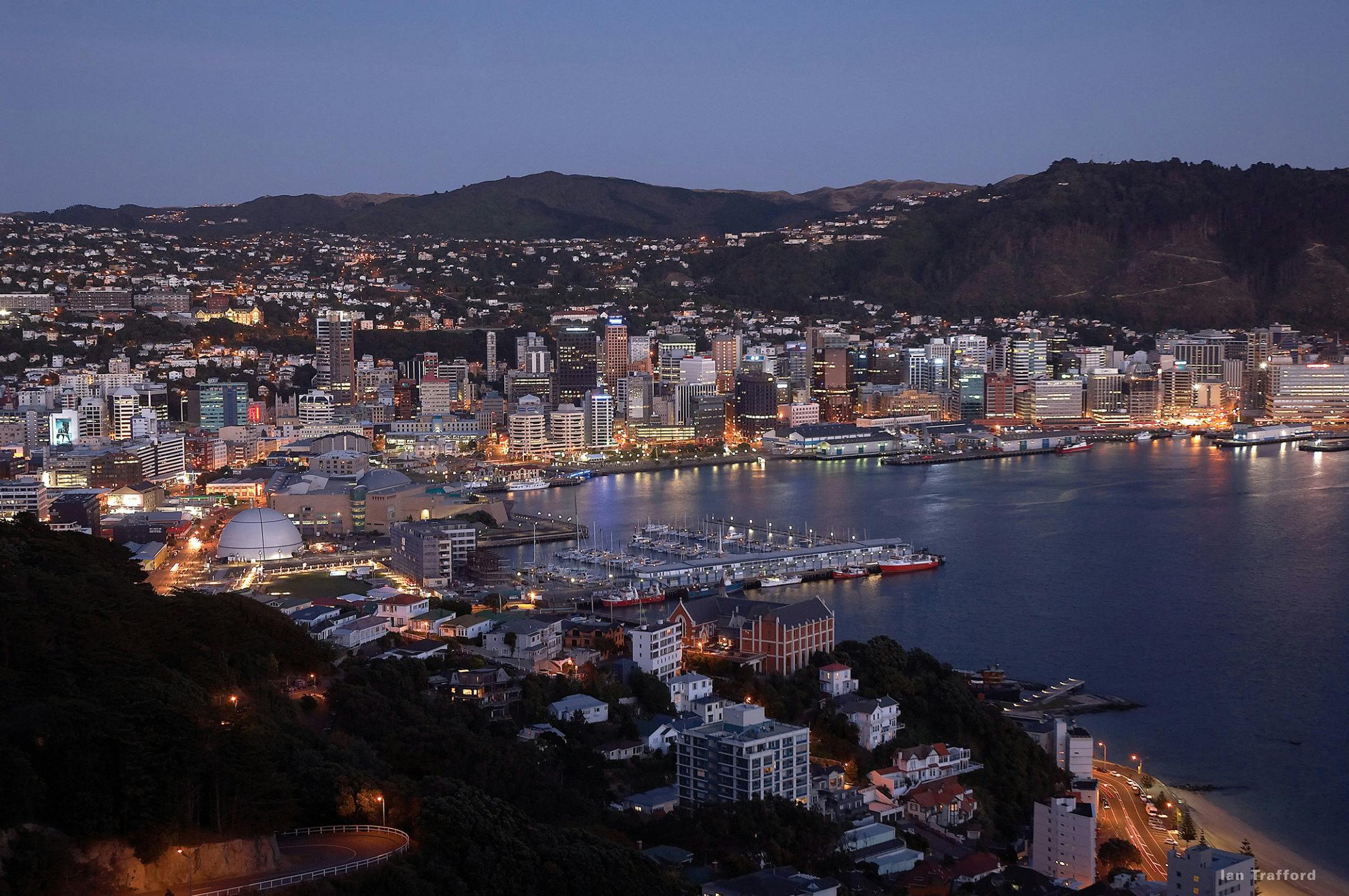Wellington's waterfront from a bird's eye perspective at dusk.